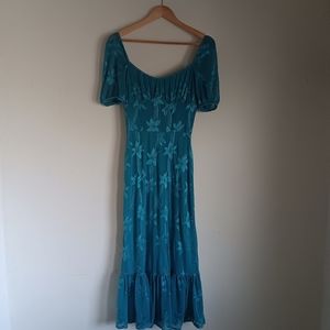 Lait Collection Lucia Turquoise Stretchy Mesh Embroidered Midi Dress Size SM